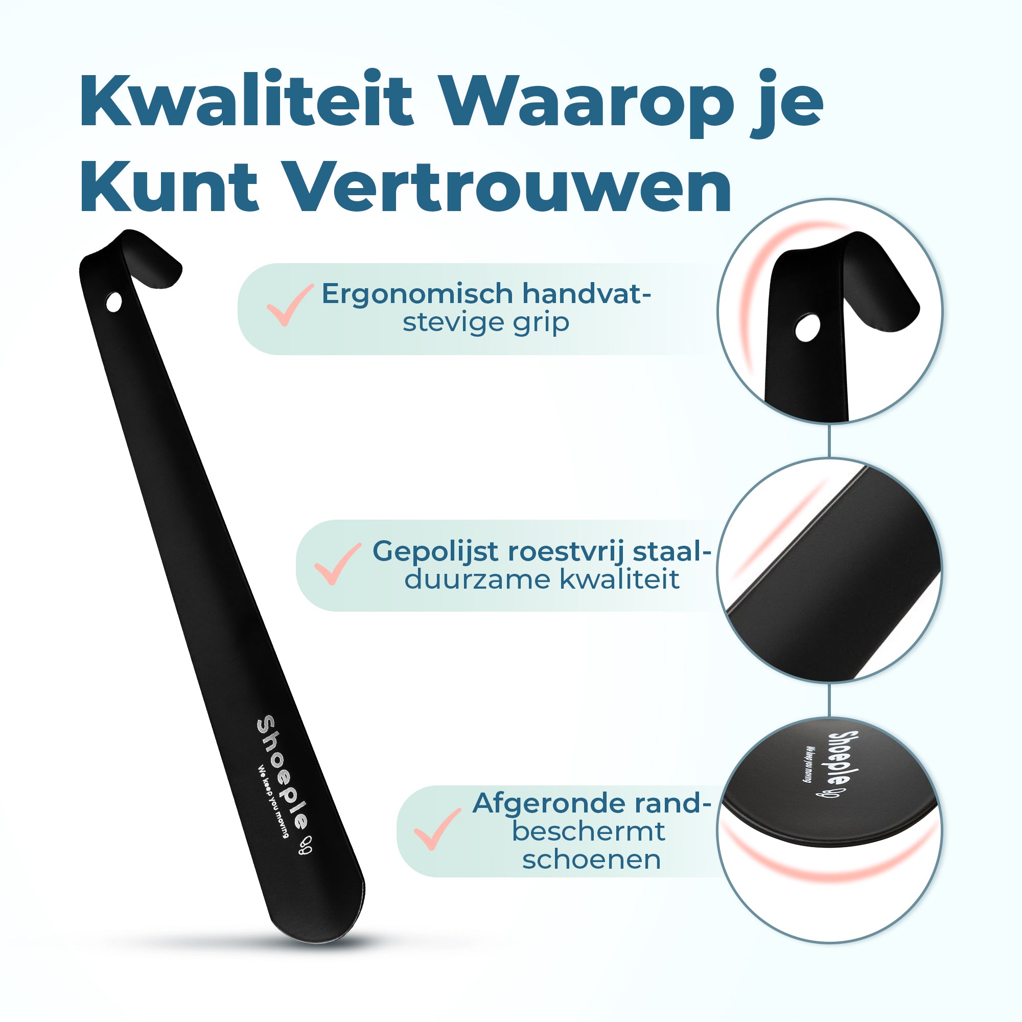 Shoeple Schoenlepel - 30cm Lang - RVS Duurzaam en extra sterk - Zwart